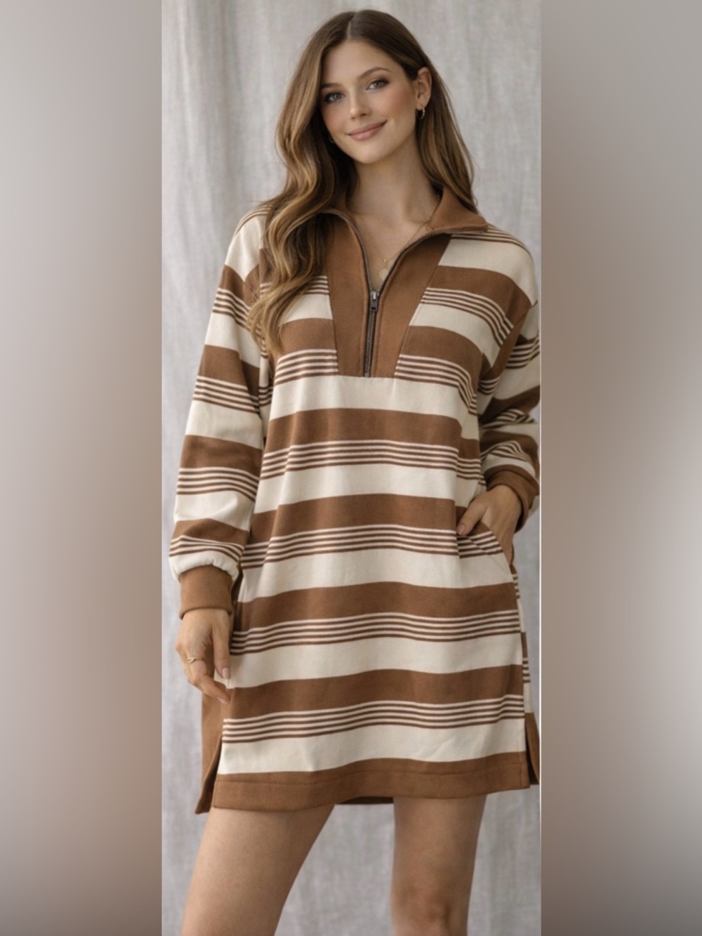 Umgee Striped Half Zip Dress Brown Cream Tunic women’s Size M (A574)